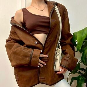 CREATIONS JEZ Genuine Leather Brown Button Up Jacket , Size Medium